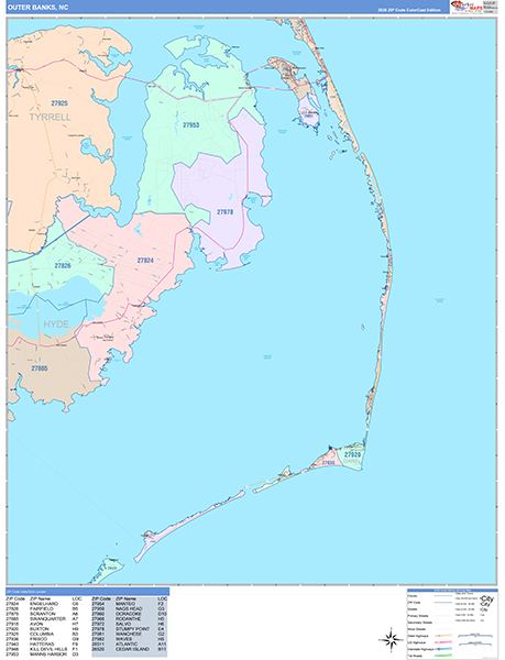 Outer Banks City Wall Map Color Cast Style
